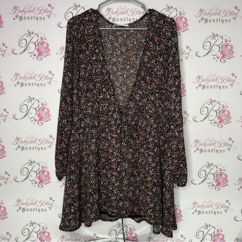 Dress tie up floral flowers printed red brown black tie up belt belted cute boho